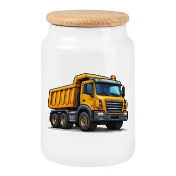 Construction Vehicle Dump Truck - Cookie Jar with Wooden Lid - white - Front
