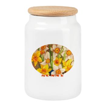 Sunny - Art ovale jaune éclatant de jonquilles - Boîte à biscuits avec couvercle en bois - blanc - Devant