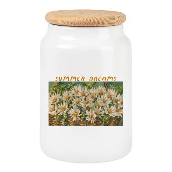 Summer Dreams – Daisy Basket Blumenkomposition - Keksdose mit Holzdeckel - Weiß - Vorne
