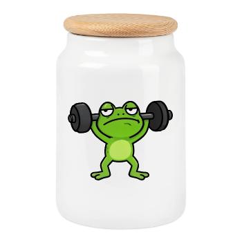 Green Gym Frog Lifter - Cookie Jar with Wooden Lid - white - Front