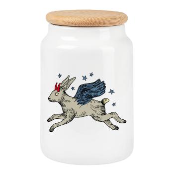 Winged hare in star flight - Cookie Jar with Wooden Lid - white - Front