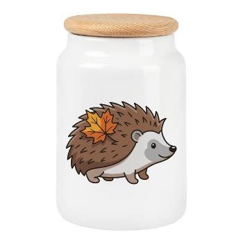Hedgehog Autumn Leaf Cute Animal - Cookie Jar with Wooden Lid - white - Front