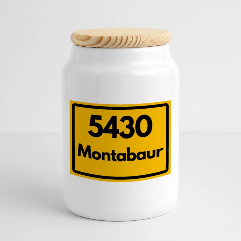 OLD POSTCODE POSTCODE RETRO 5430 MONTABAUR Cookie Jar with Wooden Lid