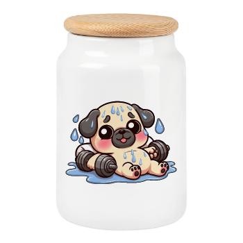 Haltérophilie avec haltérère de dessin animé mignon - Boîte à biscuits avec couvercle en bois - blanc - Devant