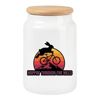 Sautant à travers les collines Vélo rétro Rabbit - Boîte à biscuits avec couvercle en bois - blanc - Devant
