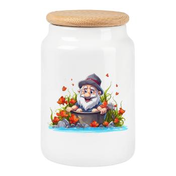 Gnome in the bathing pot by the pond - Cookie Jar with Wooden Lid - white - Front
