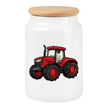 Roter Traktor Cartoon - Keksdose mit Holzdeckel - Weiß - Vorne