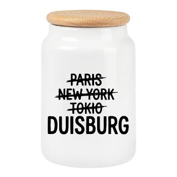 Duisburg, Ruhrpott, Région de la Ruhr Sac de la ville, Mug - Boîte à biscuits avec couvercle en bois - blanc - Devant