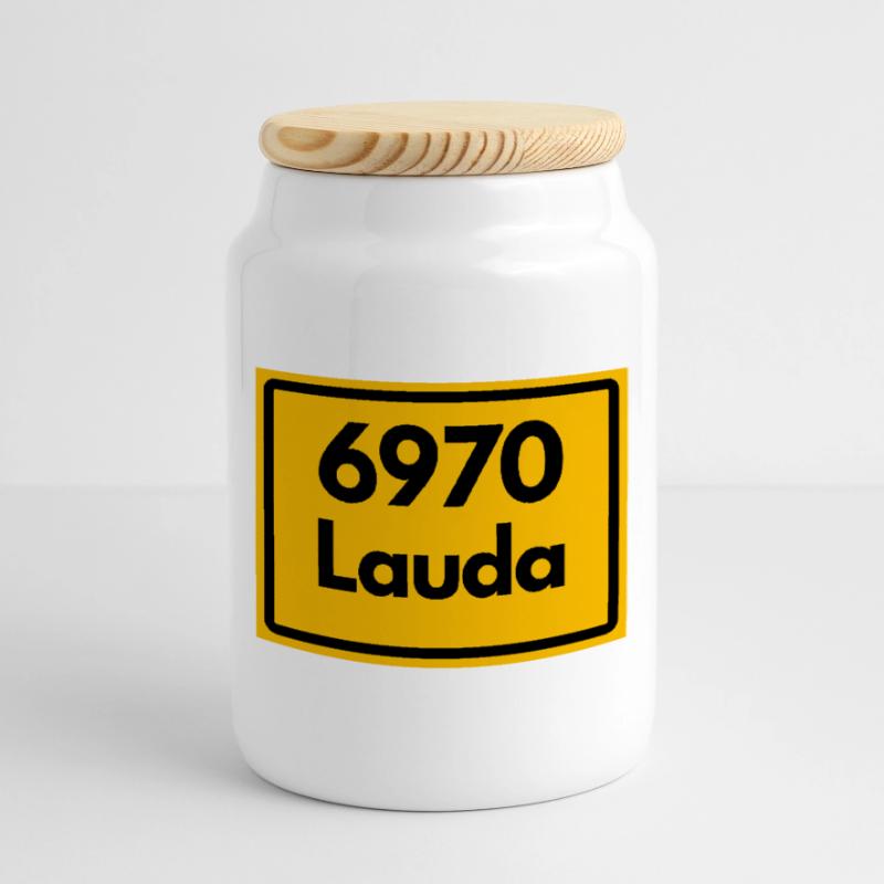 OLD POSTCODE ZIP CODE RETRO 6970 LAUDA HEIMATSTOLZ Cookie Jar with Wooden Lid