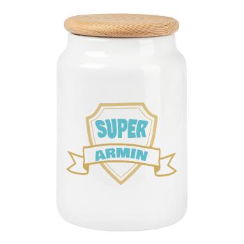 Super Armin Schild-Badge - Keksdose mit Holzdeckel - Weiß - Vorne