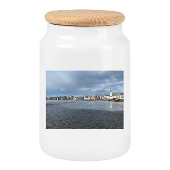 Panorama hivernal de Reykjavik - Boîte à biscuits avec couvercle en bois - blanc - Devant