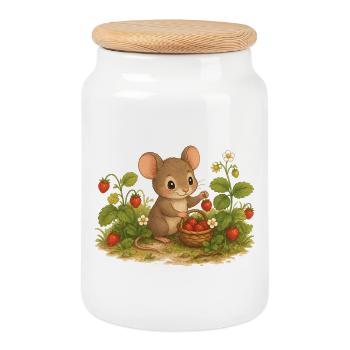 Souris mignonne avec motif de dessin animé aux fraises - Boîte à biscuits avec couvercle en bois - blanc - Devant