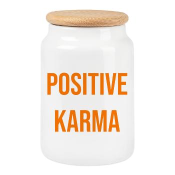 Positive Karma Typografie in Orange - Keksdose mit Holzdeckel - Weiß - Vorne