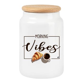 Tasse de café et croissant - Boîte à biscuits avec couvercle en bois - blanc - Devant