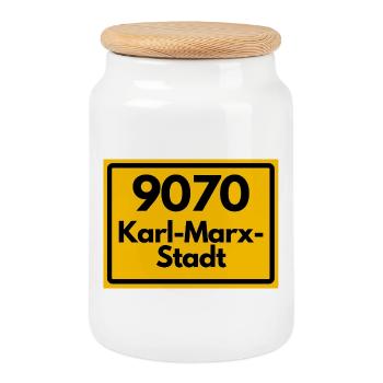 9070 PLZ SACHSEN KARL-MARX-STADT ALTE POSTLEITZAHL - Keksdose mit Holzdeckel - Weiß - Vorne