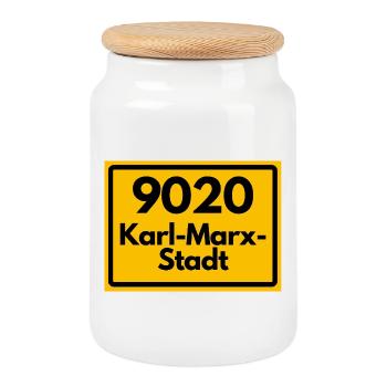 9020 PLZ SACHSEN KARL MARX STADT ALTE POSTLEITZAHL - Keksdose mit Holzdeckel - Weiß - Vorne