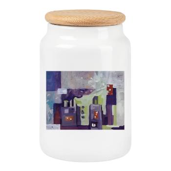 City in Muted Colors - Cookie Jar with Wooden Lid - white - Front