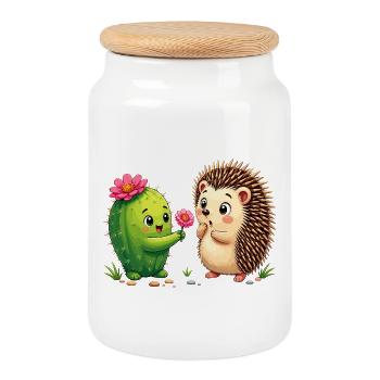 Ami Cactus & Hérisson : L’Amitié de la Fleur - Boîte à biscuits avec couvercle en bois - blanc - Devant