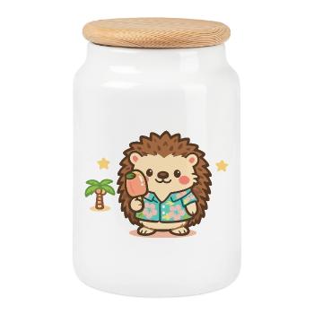 Kawaii Igel im Hawaii-Hemd - Keksdose mit Holzdeckel - Weiß - Vorne