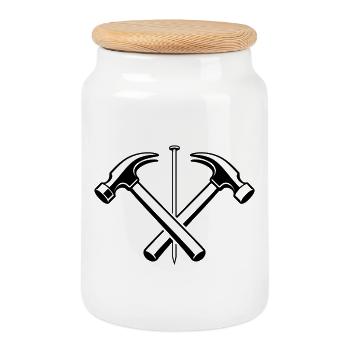 Artisan Hammer Nail Motif - Cookie Jar with Wooden Lid - white - Front