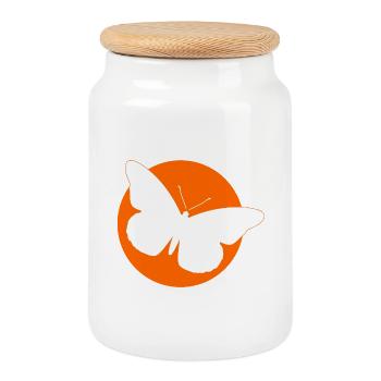 White Butterfly Silhouette – Orange Circle Art - Cookie Jar with Wooden Lid - white - Front