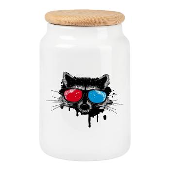 niedlicher Waschbär mit 3D Brille im Graffiti Stil - Keksdose mit Holzdeckel - Weiß - Vorne