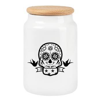 skull tattoo - Cookie Jar with Wooden Lid - white - Front