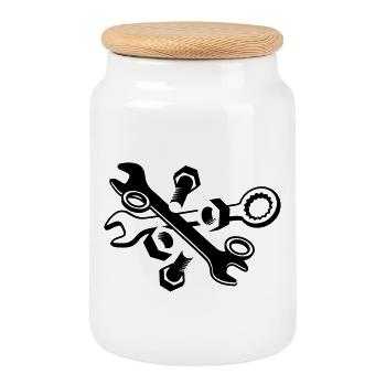 Screws, nuts and wrench - Cookie Jar with Wooden Lid - white - Front