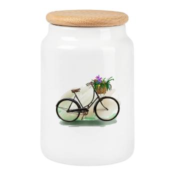 Bicycle with flowers - Cookie Jar with Wooden Lid - white - Front