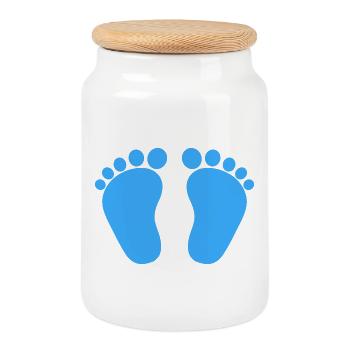 Baby feet birth pregnancy boy son blue - Cookie Jar with Wooden Lid - white - Front