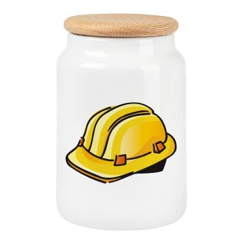 yellow construction helmet | hard hat - Cookie Jar with Wooden Lid - white - Front