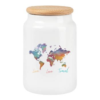 Live Love Travel, carte du monde - Boîte à biscuits avec couvercle en bois - blanc - Devant