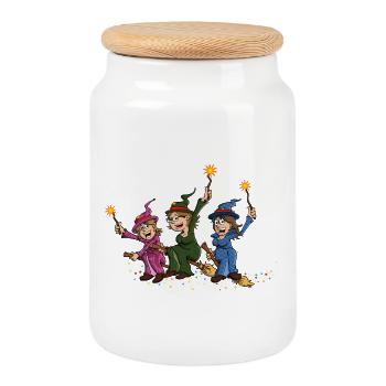 Illustration de 3 sorcières joyeuses sur des balais - Boîte à biscuits avec couvercle en bois - blanc - Devant