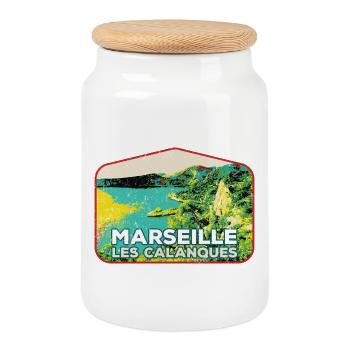 Retro badge, Marseille France Les Calanques - Cookie Jar with Wooden Lid - white - Front