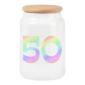 geburtstagsshirt, 50 pastell Verlauf - Keksdose mit Holzdeckel - Weiß - Vorne