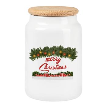 Décoration de Noël festive avec couronne de lumières - Boîte à biscuits avec couvercle en bois - blanc - Devant