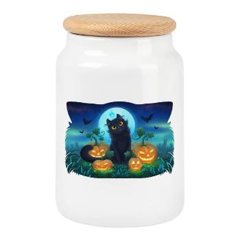 Meowy Halloween! Black Cat Pumpkins silhouette - Cookie Jar with Wooden Lid - white - Front