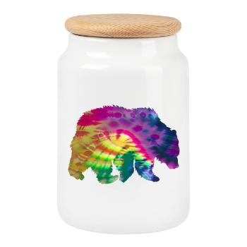 Bear Silhouette Tie Dye Batik Pattern - Cookie Jar with Wooden Lid - white - Front