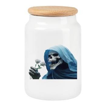 Weiße Rose Für Den Reaper Totenkopf Skull Umhang - Keksdose mit Holzdeckel - Weiß - Vorne