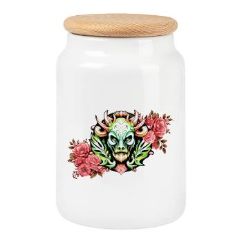 Mysterious colorful creature with flowers. - Cookie Jar with Wooden Lid - white - Front