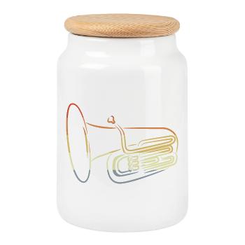 Vintage Tuba Drawing - Cookie Jar with Wooden Lid - white - Front