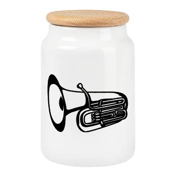 Tuba Drawing - Cookie Jar with Wooden Lid - white - Front
