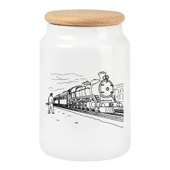 Train Lover Sketch - Cookie Jar with Wooden Lid - white - Front