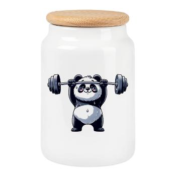 Cool Panda Dumbbell Weightlifter Fitness - Cookie Jar with Wooden Lid - white - Front