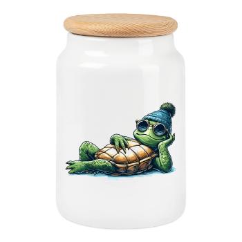 Chill Toad Turtle Cool Chill Gift - Cookie Jar with Wooden Lid - white - Front