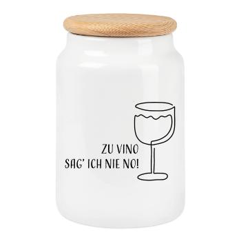 Zu Vino sag' ich nie No! | Weinglas Skizze Spruch - Keksdose mit Holzdeckel - Weiß - Vorne