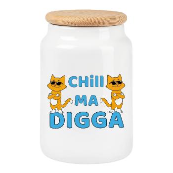 Chill ma Digga - funny cat with sunglasses - Cookie Jar with Wooden Lid - white - Front