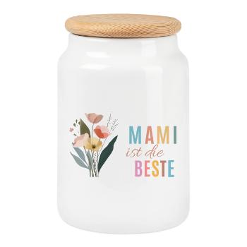 Mami ist die Beste! Blumen, bunt, personalisierbar - Keksdose mit Holzdeckel - Weiß - Vorne