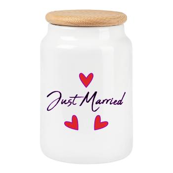 GERADE VERHEIRATET. Junggesellinnenabschied. VALENTINSTAG. PAAR - Keksdose mit Holzdeckel - Weiß - Vorne