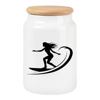 Dessin de fille surfeuse - Boîte à biscuits avec couvercle en bois - blanc - Devant